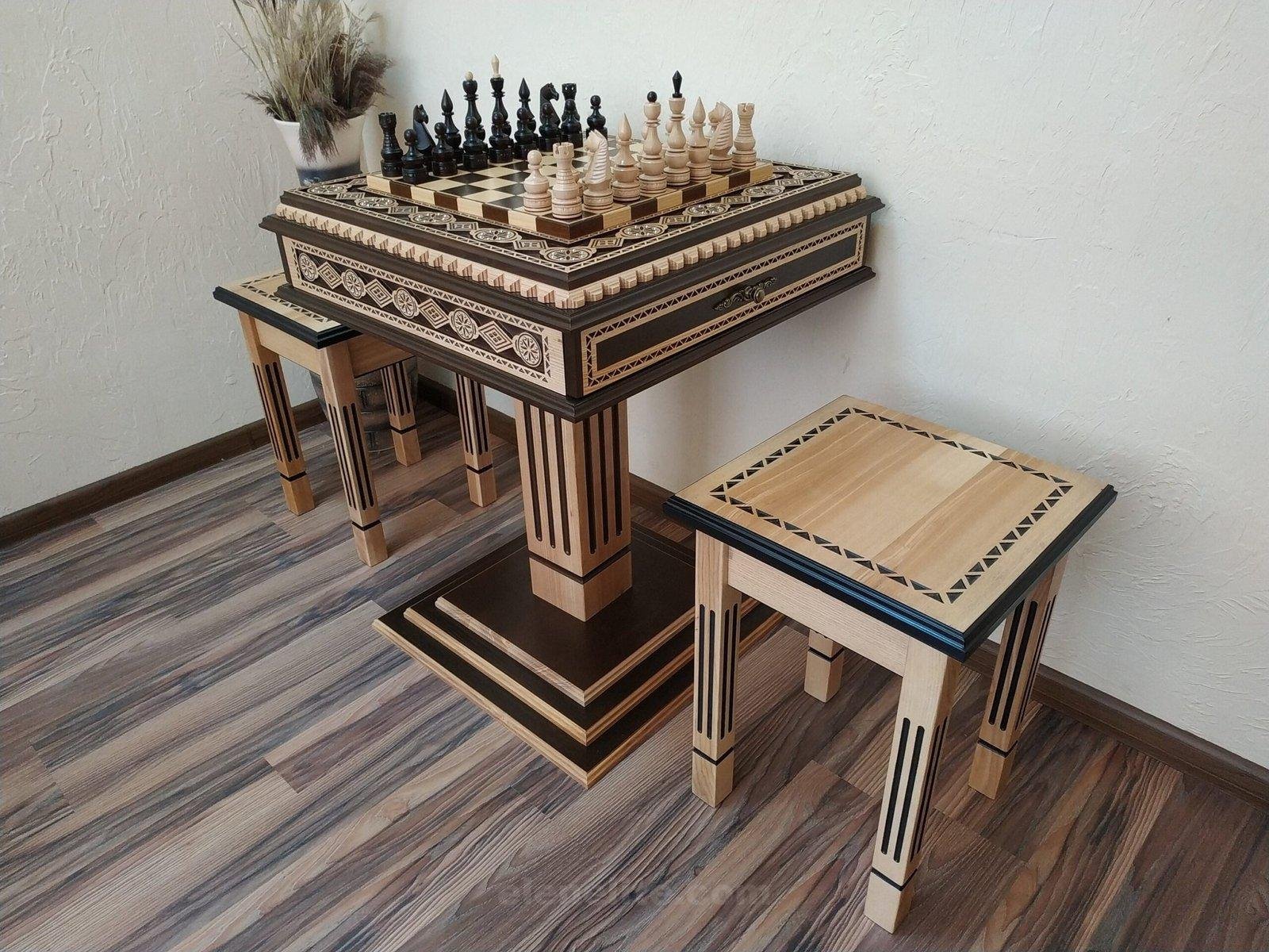 il_fullxfull.4859430267_zg35-scaled-1.jpg Chess Set: Chess Table "Bright Victory" with Drawers + 2 stools + chess pieces "Elite" - Image 1