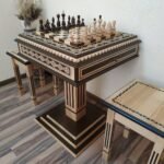 Wooden modern сhess set/table  "Bright Victory" light color ,pieces "Classic delux" dark color , two storage for pieces, two stools
