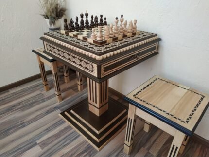 Wooden modern сhess set/table "Bright Victory" light color ,pieces "Classic delux" dark color , two storage for pieces, two stools