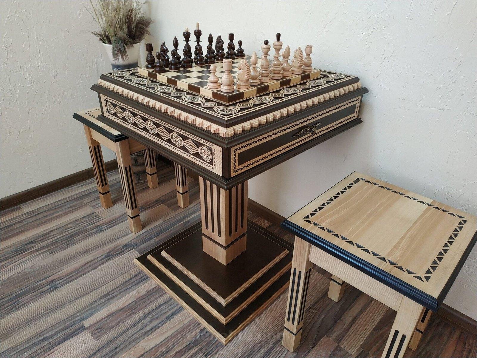 il_fullxfull.4859572155_7th5-1-scaled-1.jpg Wooden modern сhess set/table "Bright Victory" light color ,pieces "Classic delux" dark color , two storage for pieces, two stools - Image 1