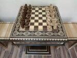 Wooden modern сhess set/table "Bright Victory" light color ,pieces "Classic delux" dark color , two storage for pieces, two stools - Image 6