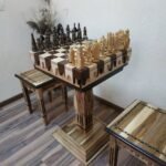 Chess Set: Chess Table "Streaks of Power" with Drawers + 2 stools + pieces "Knights" & "Game of Thrones"
