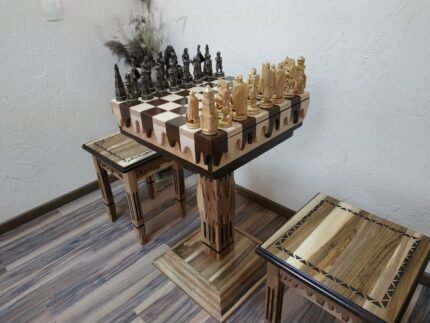 Chess Set: Chess Table "Streaks of Power" with Drawers + 2 stools + pieces "Knights" & "Game of Thrones"
