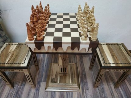 Chess Set: Chess Table "Streaks of Power" with Drawers + 2 stools + pieces "Game of Thrones"