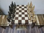 Chess Set: Chess Table "Streaks of Power" with Drawers + 2 stools + black pieces "Game of Thrones" - Image 3