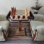 Chess Set: Chess Table "Streaks of Power" with Drawers + pieces "Knights" & "Game of Thrones"