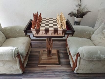 Chess Set: Chess Table "Streaks of Power" with Drawers + pieces "Knights" & "Game of Thrones"