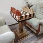 Chess Set: Chess Table "Streaks of Power" with Drawers + pieces "Knights" & "Cossacks"