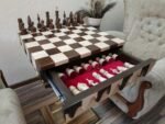 Wooden Chess Set: Chess Table "Streaks of Power" with Drawers + 2 stools + glossy pieces "Classic Luxe" - Image 6
