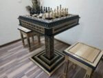 Chess Set: Chess Table "Bright Victory" in black with Drawers + 2 stools + chess pieces "Elite"