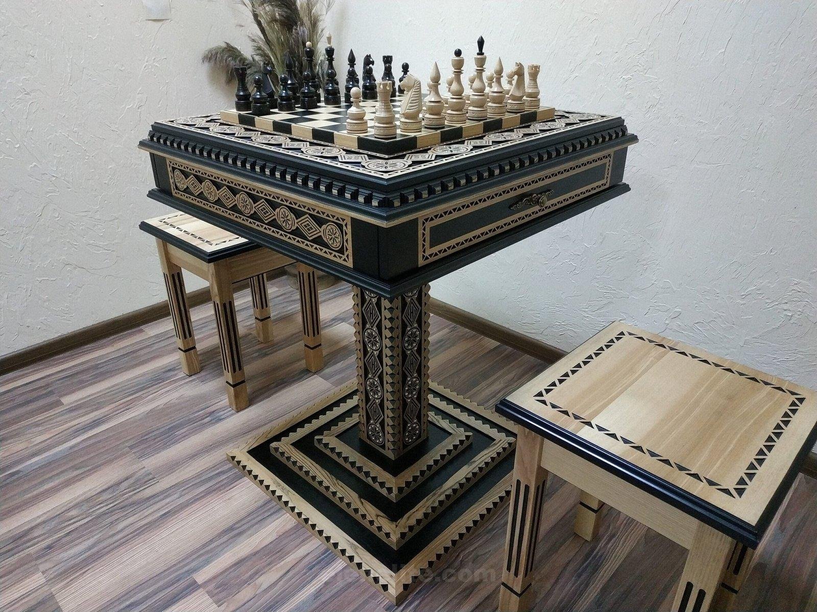 il_fullxfull.4879018102_suux-scaled-1.jpg Chess Set: Chess Table "Bright Victory" in black with Drawers + 2 stools + chess pieces "Elite" - Image 1