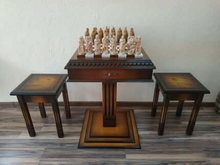 Chess set: Chess table "Royal Classic" with Drawers + 2 stools + pieces "Knights" Ombre color, super glossy