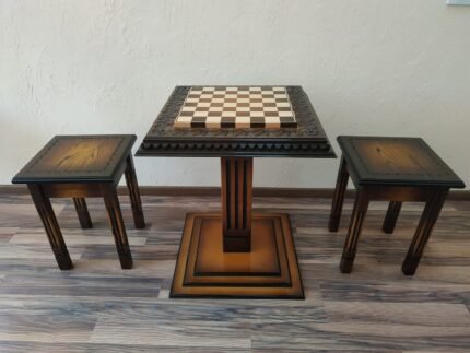 Wooden Chess set: Chess table "Waves of Aspiration" + 2 stools, Ombre color, super glossy