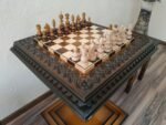 Wooden Chess set: Chess table "Waves of Aspiration" + 2 stools + chess pieces "Classic Deluxe" Ombre color, super glossy - Image 5