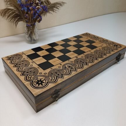 Exclusive Wooden Folding Chess Board 3 in 1: Chess, Checkers and Backgammon