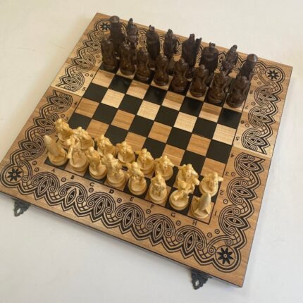 Wooden Chess set 3-in-1: Folding Chess Board + Сheckers + Backgammon + chess pieces "Knights" / "Armed Forces of Ukraine"