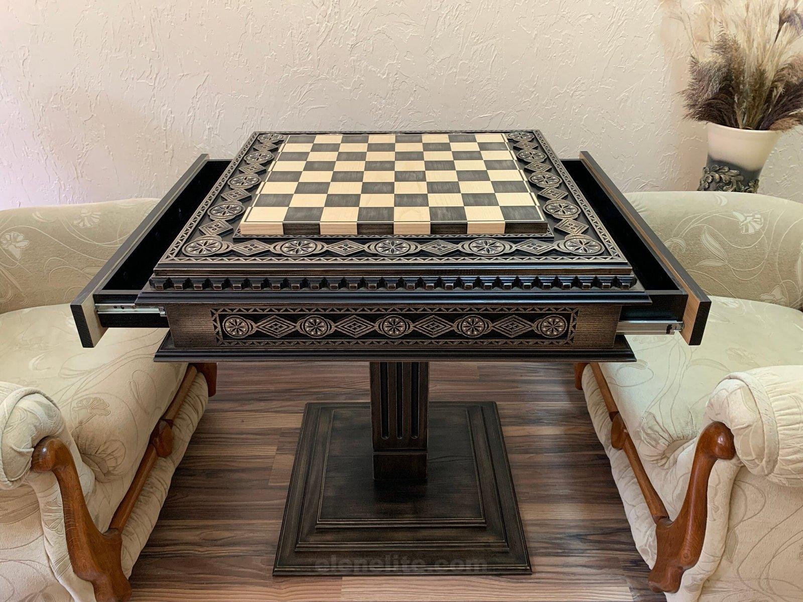 il_fullxfull.5026643392_ib45-scaled-1.jpg Wooden Chess Table "Bright Victory" with 2 Drawers, decorated with beads - Image 1