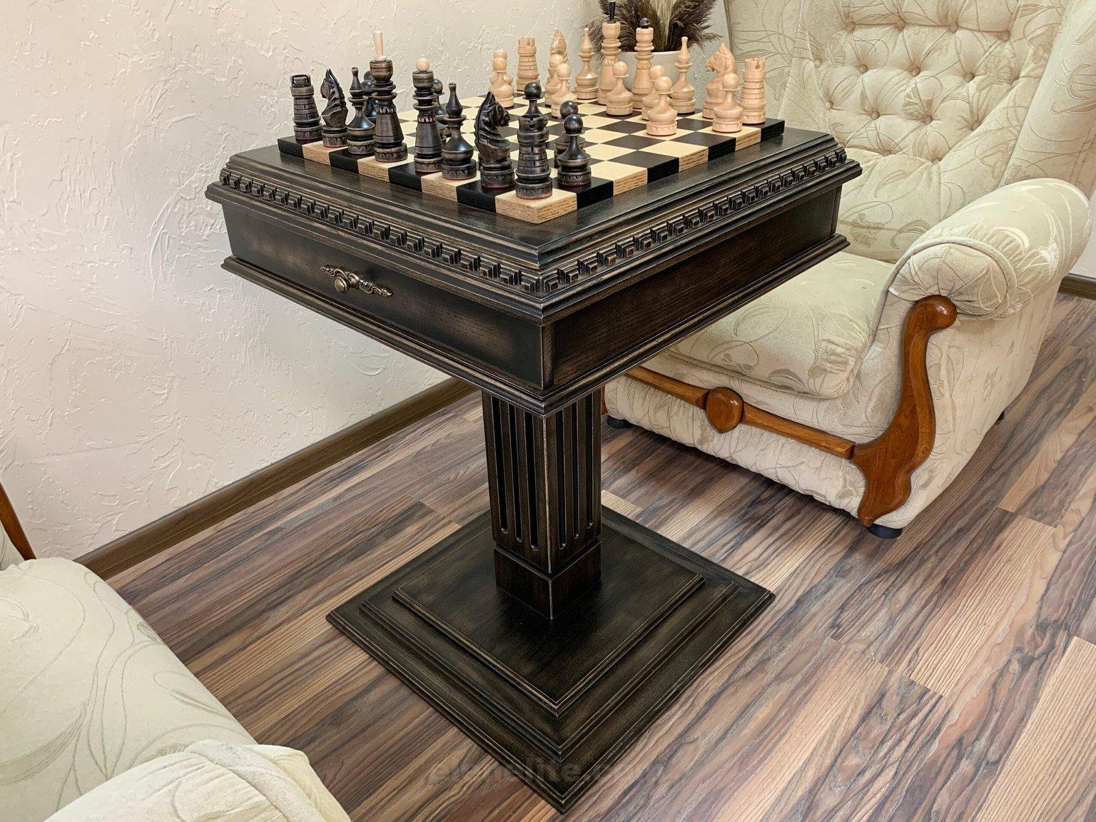 il_fullxfull.5047399066_cqa4-scaled-1.jpg Chess Set : Wooden Chess Table "Black stone" with drawers + pieces "Classic Luxe" - Image 1