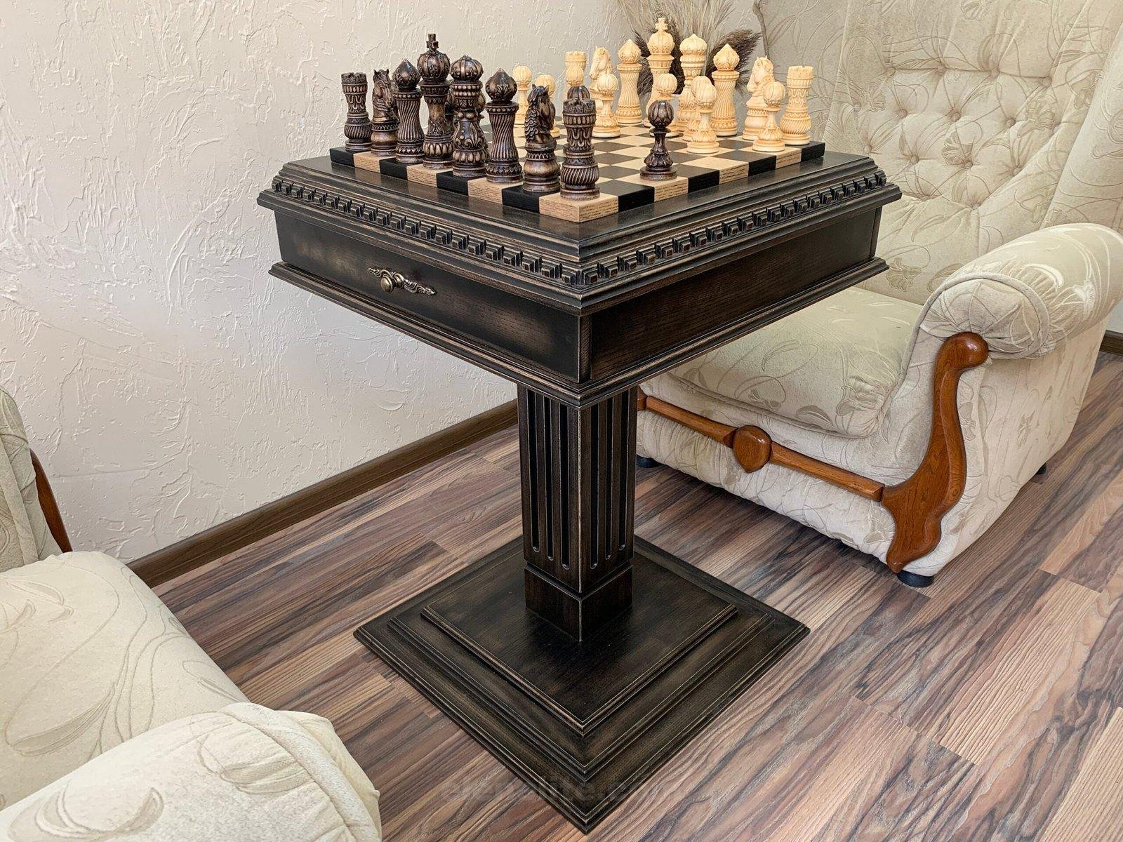 il_fullxfull.5056060070_m04i-scaled-1.jpg Chess Set: Wooden Chess Table "Black stone" with drawers + pieces "Elegant Classic" - Image 1