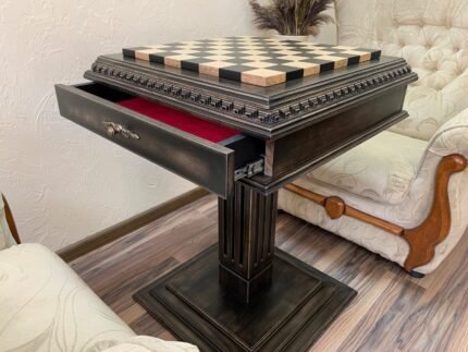Wooden Chess Table "Black stone" with drawers for chess pieces