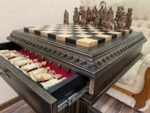 Chess Set : Wooden Chess Table "Black stone" with drawers and a Low leg + pieces "Cossacks" & "Knights" - Image 7