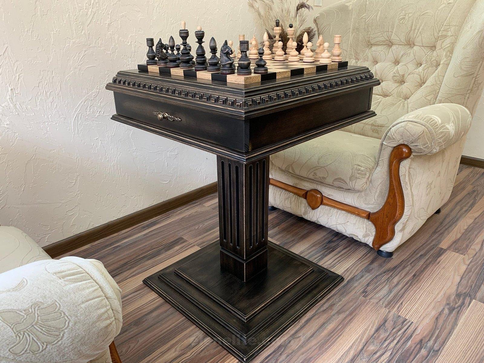 il_fullxfull.5095543737_6a1j-scaled-1.jpg Chess Set : Wooden Chess Table "Black stone" with drawers + chess pieces "Classic Deluxe" - Image 1
