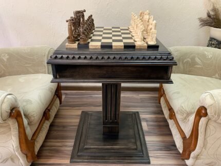 Chess Set : Wooden Chess Table "Black stone" with drawers + pieces "Cossacks" & "Armed Forces of Ukraine"