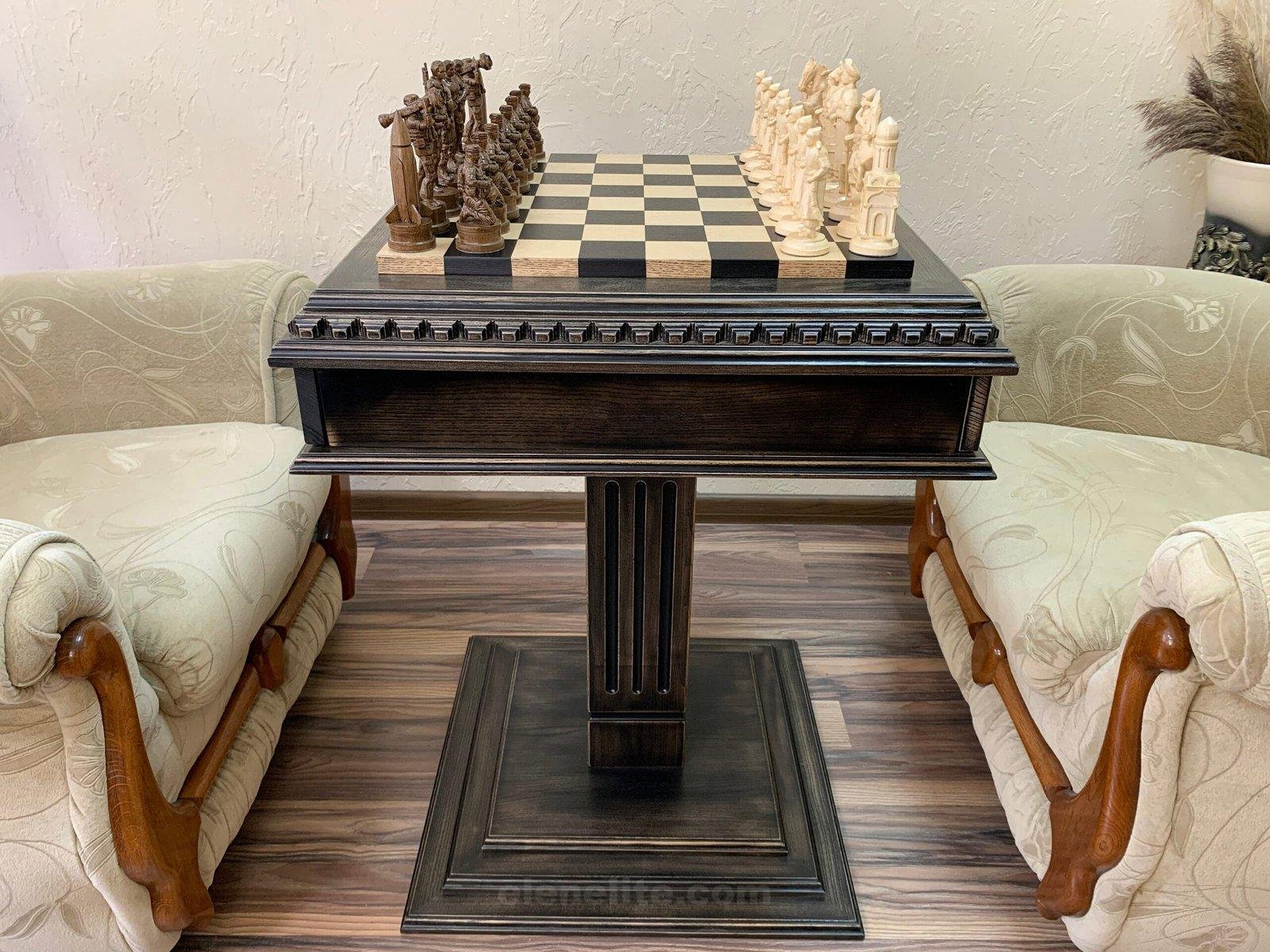 il_fullxfull.5104175675_rcoi-scaled-1.jpg Chess Set : Wooden Chess Table "Black stone" with drawers + pieces "Cossacks" & "Armed Forces of Ukraine" - Image 1