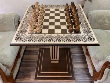 Wooden Chess Set: Chess Table “Waves of Aspiration” + glossy chess pieces "Elite"