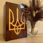 Wooden piggy bank with the Coat of Arms of Ukraine, Money Bank, Room decor, Handmade wood carving, gift for a boss, dad, brother,sun - Image 2