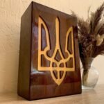 Wooden piggy bank with the Coat of Arms of Ukraine, Money Bank, Room decor, Handmade wood carving, gift for a boss, dad, brother,sun