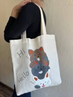 Cat Lovers Handmade Shopping Bag Natural Cotton Fabric , Hand Painted, Minimal Beach Bag Reusable Bag Women Bag, Gifts for Girls - Image 9