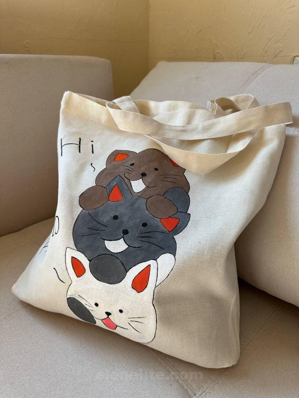 il_fullxfull.5307435286_2scl.jpg Cat Lovers Handmade Shopping Bag Natural Cotton Fabric , Hand Painted, Minimal Beach Bag Reusable Bag Women Bag, Gifts for Girls - Image 1