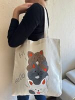 Cat Lovers Handmade Shopping Bag Natural Cotton Fabric , Hand Painted, Minimal Beach Bag Reusable Bag Women Bag, Gifts for Girls - Image 3