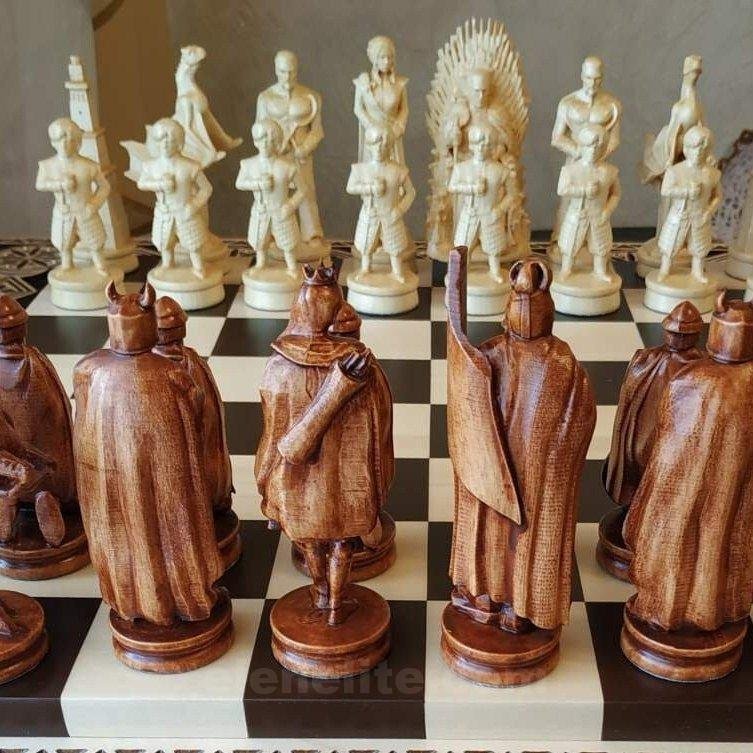 il_fullxfull.5382862828_kt0l.jpg Wooden Chess pieces "Battle of Thrones" + "Knights" Reddish brown | Beige color - Image 1
