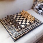 Beautiful wooden chess set with carved figure set