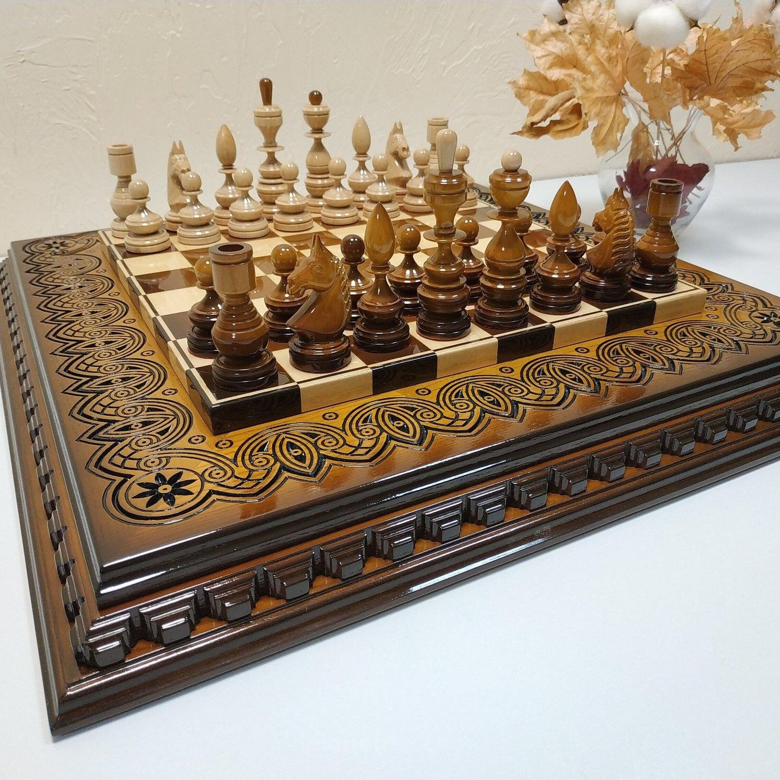 il_fullxfull.5424021235_99fe.jpg An elegant handmade chess set. The ash board with an ombre effect and glossy finish