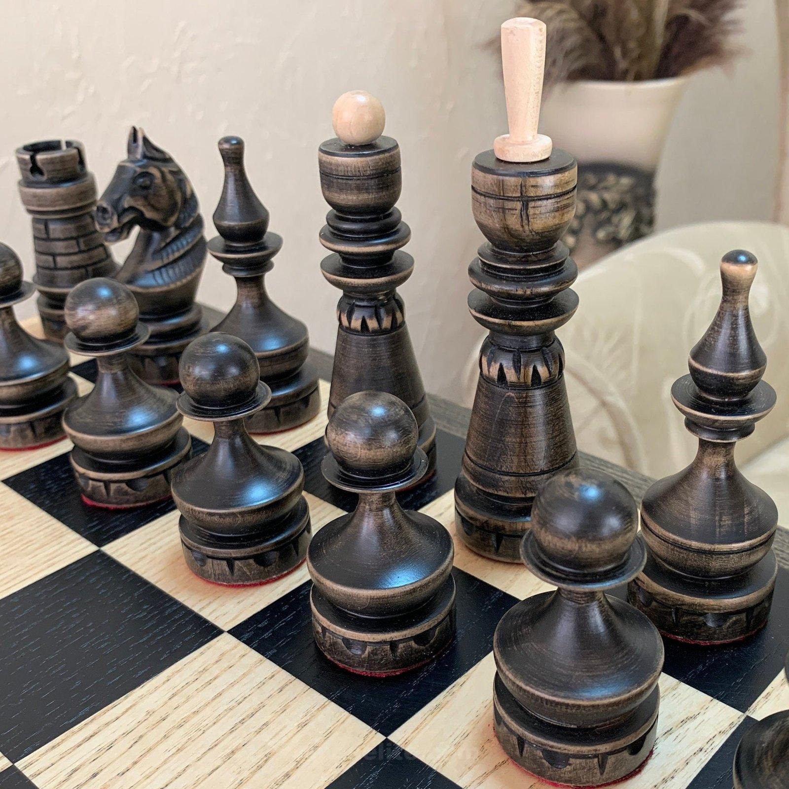 il_fullxfull.5431168517_mgql.jpg Wooden Chess pieces "Classic Luxe" Black patina | Beige - Image 1