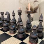 Classic Elite chess pieces black stone beige handmade wood set