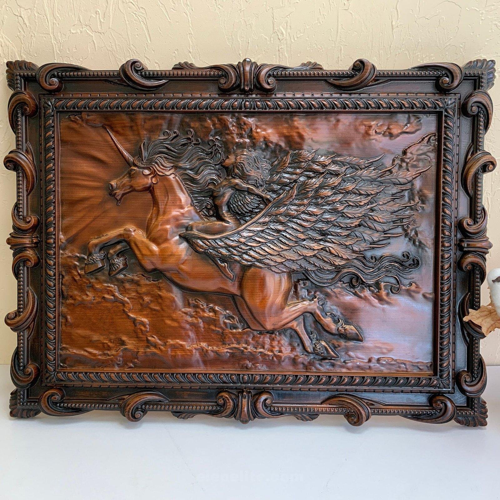 il_fullxfull.5432424574_31cw-scaled-1.jpg Wooden carved Panel "Girl & Pegasus", VERY LARGE Unicorn Fantasy,wood decor, handmade picture , ash wood premium, living room, Annyversary - Image 1