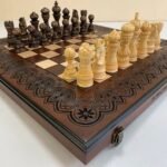Wooden folding chess board with soft velvet place for storing pieces + pieces Elegant Classic, ash wood, carving handmade Annyversary Gift
