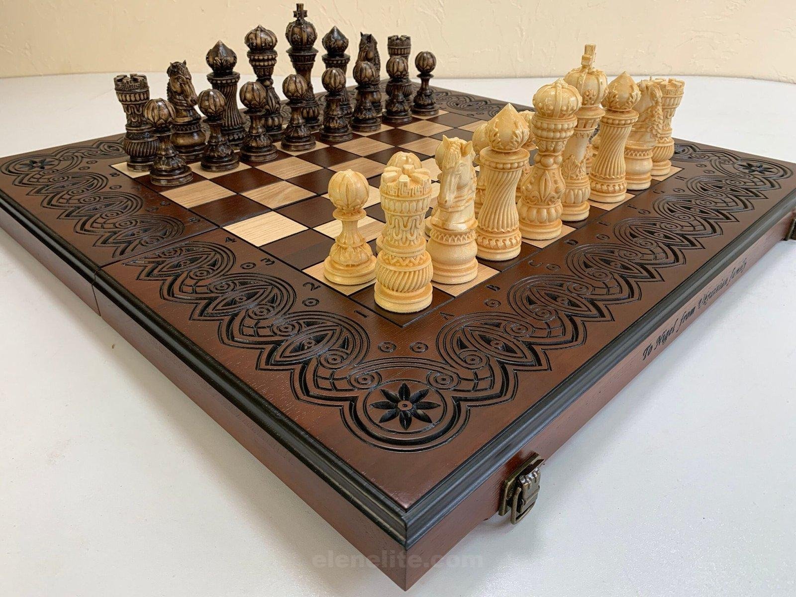 il_fullxfull.5472800778_iym9-scaled-1.jpg Wooden folding chess board with soft velvet place for storing pieces + pieces Elegant Classic, ash wood, carving handmade Annyversary Gift - Image 1