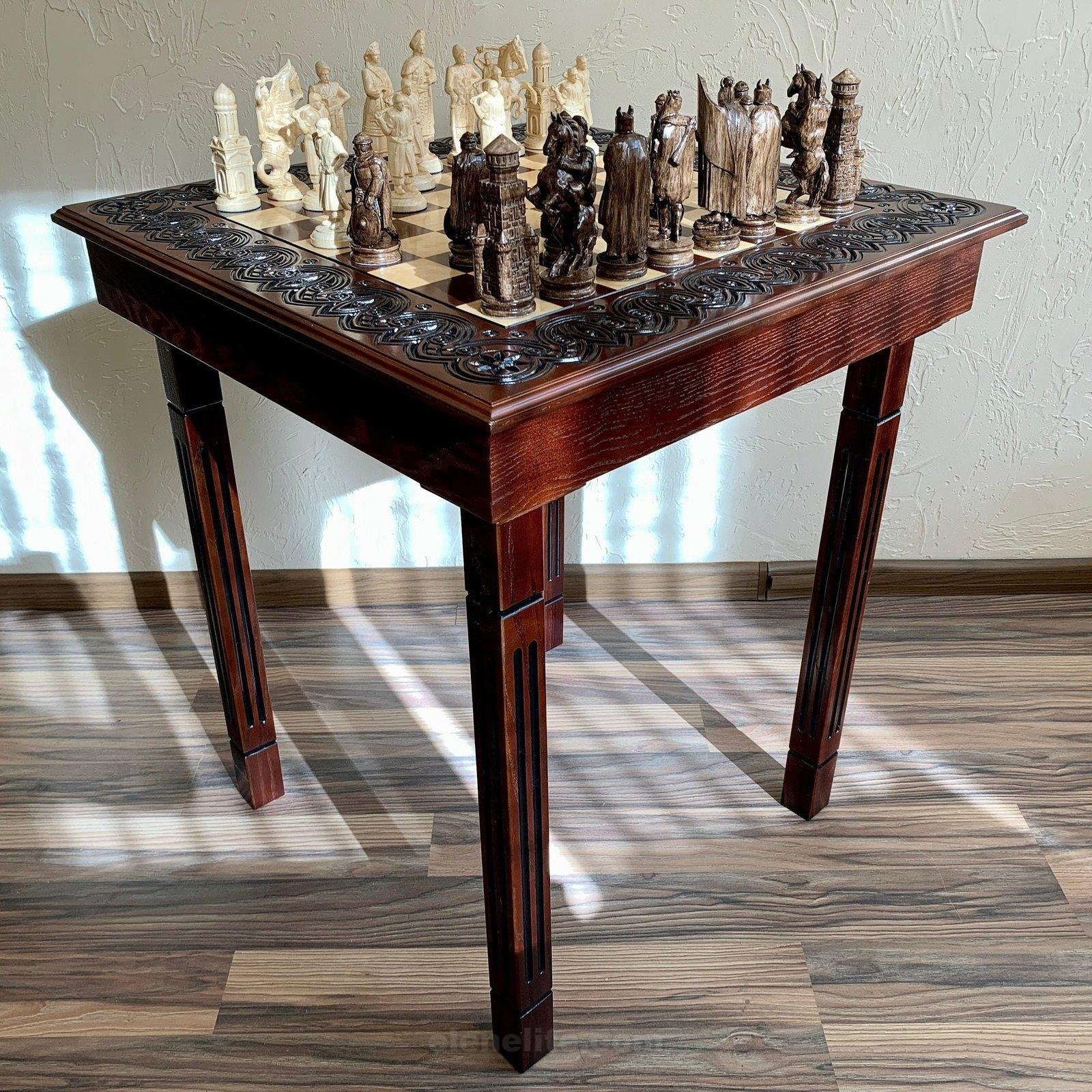 il_fullxfull.5475809105_lrz5.jpg Chess set: Сhess Table "Waves of Aspiration" with storage box + pieces "Cossacks & Knights" - Image 1
