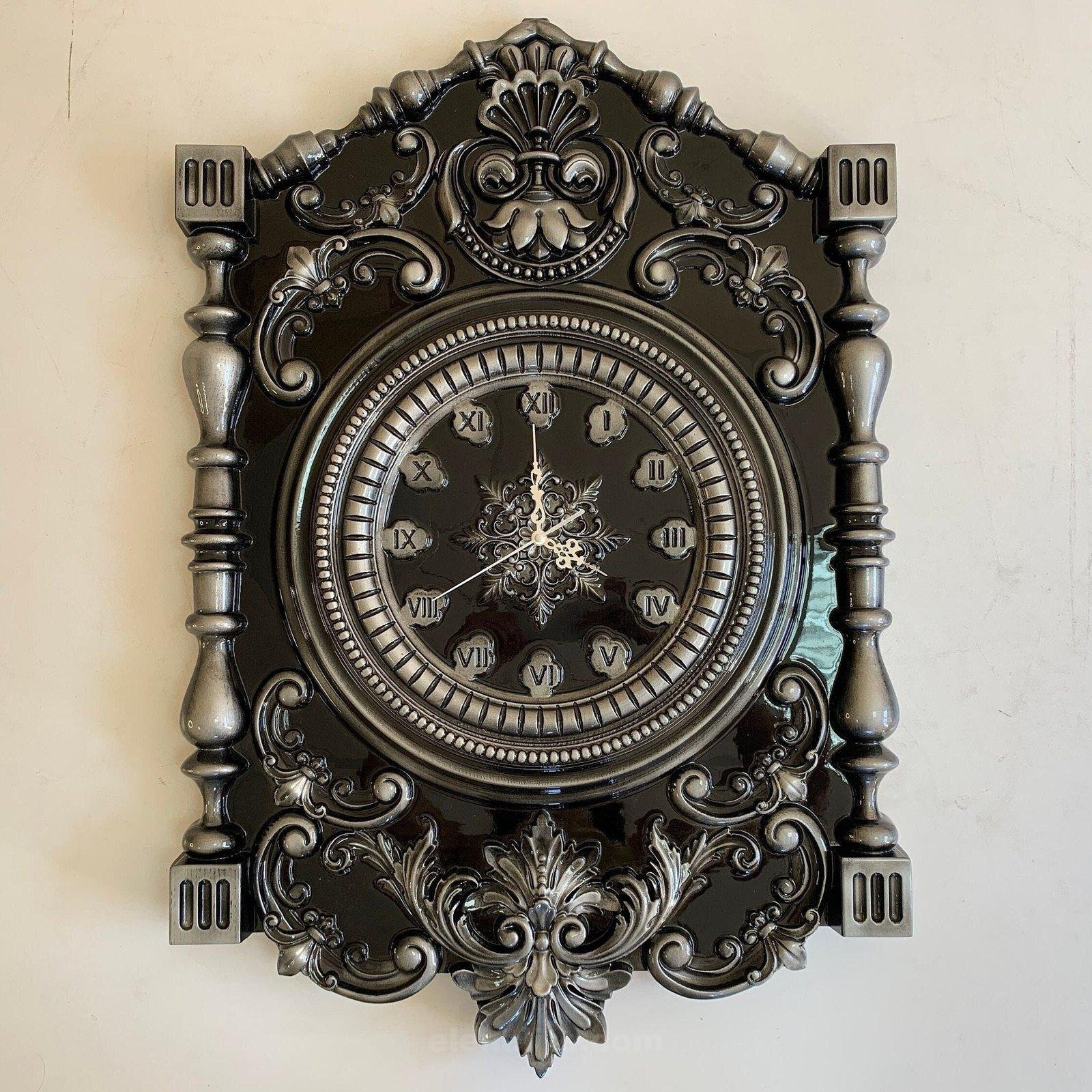 il_fullxfull.5520840451_tlua.jpg Wooden wall Clock , Wall Art Baroque style ,Black & Gray patina, pattern - hunting, super gloss, handmade carving wood, Anyversary Gift Dad - Image 1