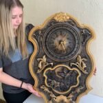Wooden wall Clock Large, Wall Art ,color Black & Gold patina, pattern - hunting, nature, super gloss, handmade carving wood, Anyversary Gift