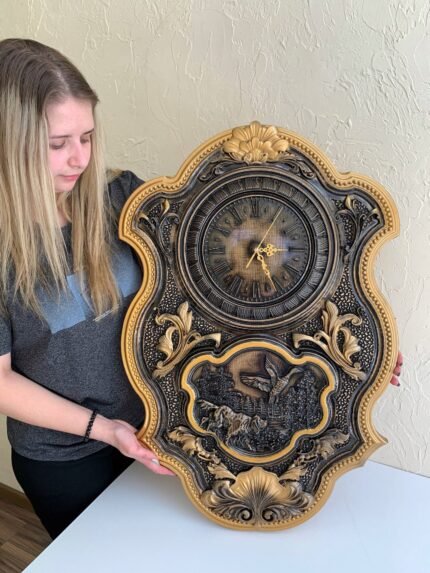 Wooden wall Clock Large, Wall Art ,color Black & Gold patina, pattern - hunting, nature, super gloss, handmade carving wood, Anyversary Gift