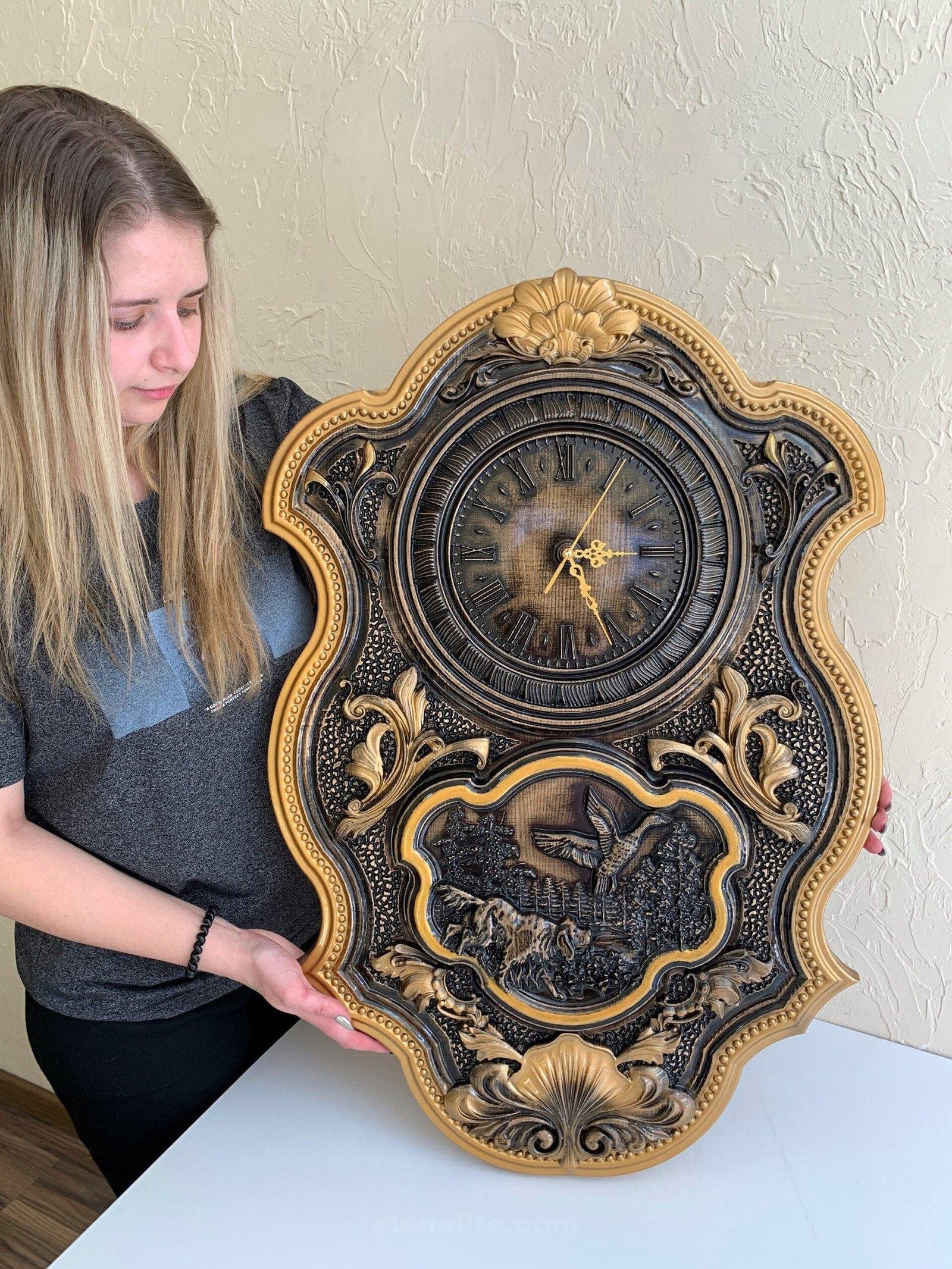 il_fullxfull.5520853281_mmpb-scaled-1.jpg Wooden wall Clock Large, Wall Art ,color Black & Gold patina, pattern - hunting, nature, super gloss, handmade carving wood, Anyversary Gift - Image 1