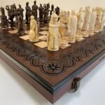 Wooden Chess set: Folding Chess Board with Velvet-lined Storage + pieces "Knights" + "Cossacks"