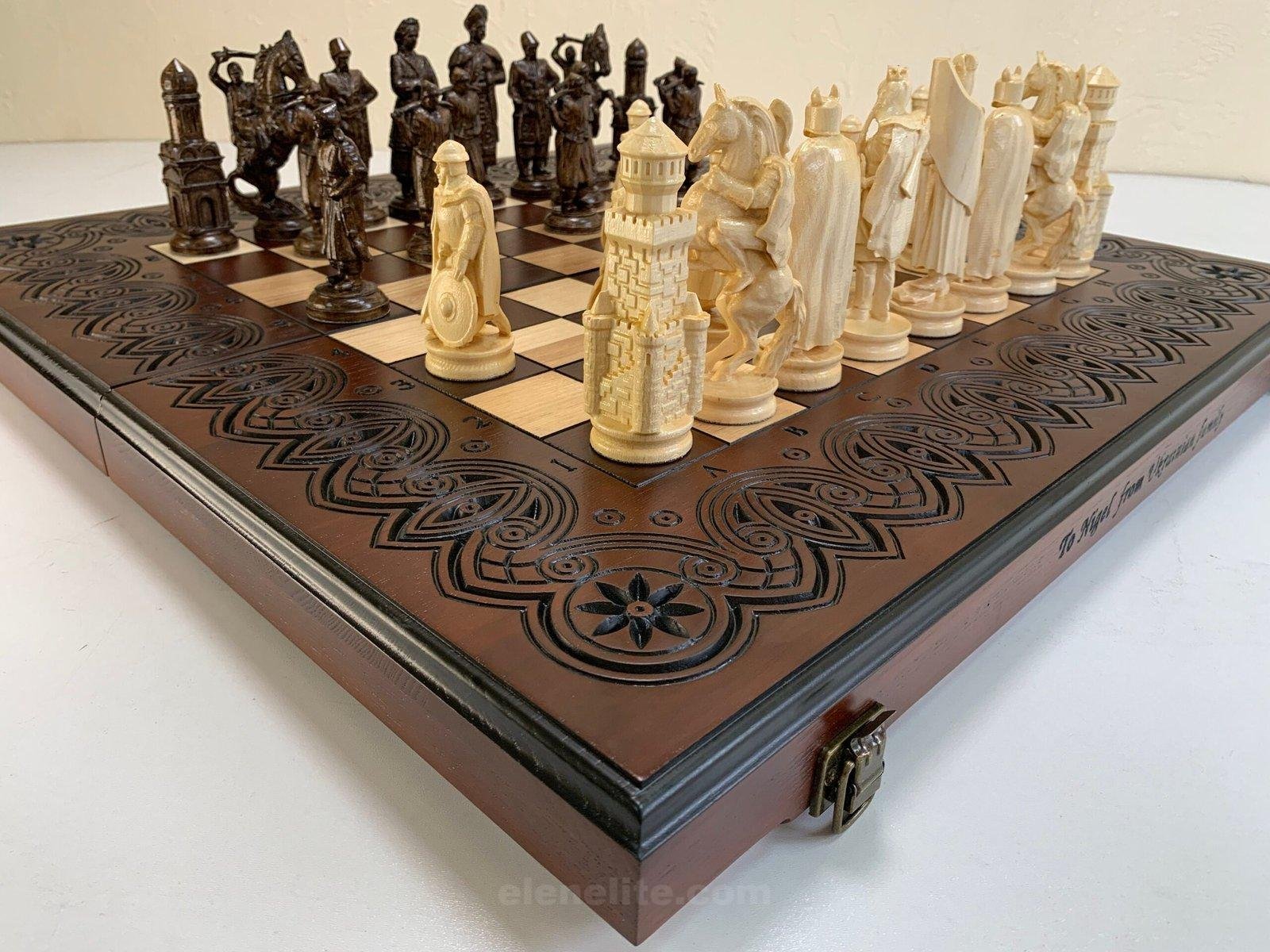 il_fullxfull.5523744911_iupg-scaled-1.jpg Wooden Chess set: Folding Chess Board with Velvet-lined Storage + pieces "Knights" + "Cossacks" - Image 1