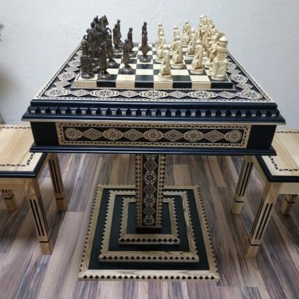 Chess Set: Chess Table "Bright Victory" with Drawers + 2 stools + chess pieces "Knights" & "Cossacks"
